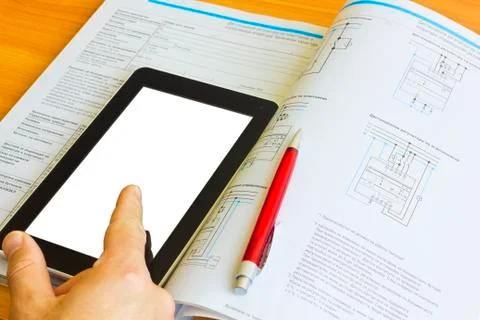 Tablet computer over engineering diagram 스톡 사진