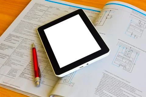 Tablet computer over engineering diagram Stock Photos