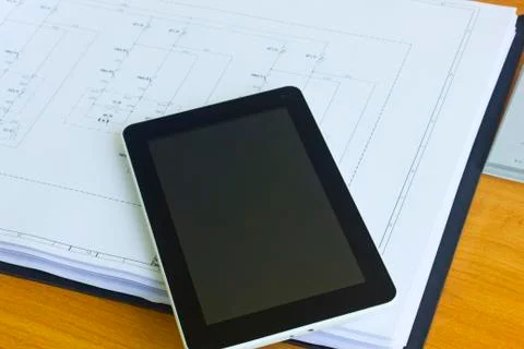 Tablet computer over engineering diagram 스톡 사진