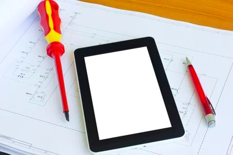 Tablet computer over engineering diagram 스톡 사진