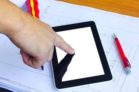 Tablet computer over engineering diagram Foto stock