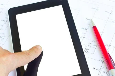 Tablet computer over engineering diagram 스톡 사진