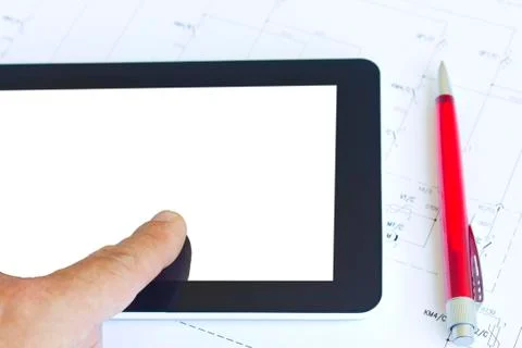 Tablet computer over engineering diagram 스톡 사진