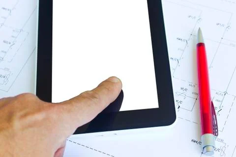 Tablet computer over engineering diagram 스톡 사진