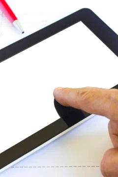 Tablet computer over engineering diagram 스톡 사진