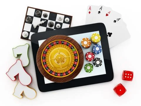Tablet computer, playing cards, roulette,chips, dice. 스톡 일러스트