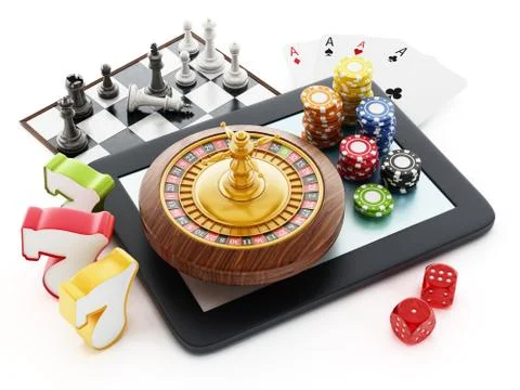 Tablet computer, playing cards, roulette,chips, dice. Illustration
