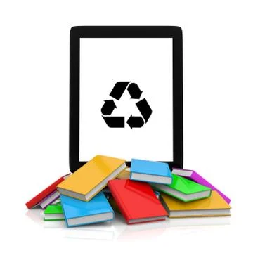 Tablet Computer with Recycle Symbol on the Screen on top of a Pile of Books Illustrazione stock
