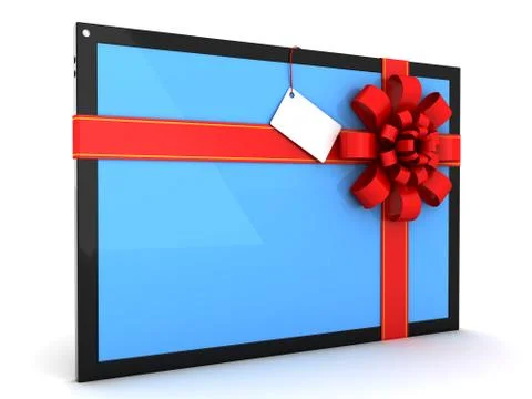 Tablet computer with a red ribbon for gift. Stock Illustration