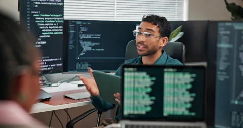 Tablet, computer screen and programmer talk with team for code review, bug Stock Footage 346952409