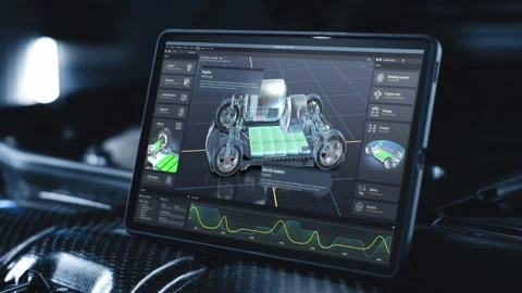 Tablet computer screen shows 3D render of software for car developing Video stock 252633685