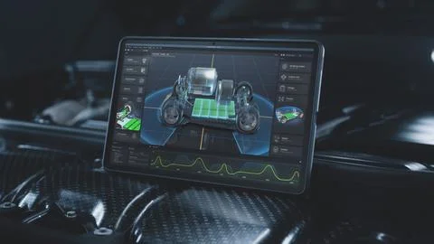 Tablet computer screen shows 3D visualization of car diagnostics software Stock Photos