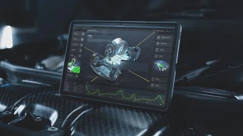 Tablet computer screen shows 3D visualization of car diagnostics software Stock Photos