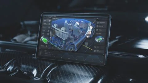 Tablet computer screen shows 3D visualization of car diagnostics software Stock Photos