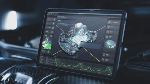 Tablet computer screen shows 3D render of software for car developing Foto stock