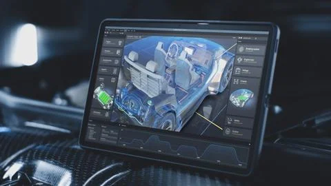 Tablet computer screen shows 3D visualization of car diagnostics software Stock Photos
