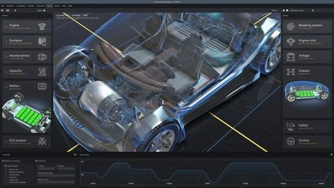 Tablet computer screen shows 3D visualization of car diagnostics software 스톡 사진