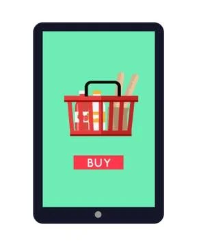 Tablet Computer with Shopping Basket on Screen Stock Illustration