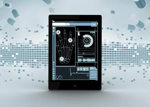 Tablet computer showing hand skeleton interface Stock Photos