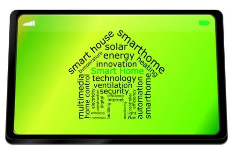 Tablet computer with Smart Home Wordcloud - 3D illustration Stock Illustration