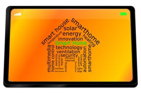 Tablet computer with Smart Home Wordcloud - 3D illustration Ilustración de archivo