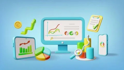 Tablet, computer, smartphone, with analysis infographic presentation 3D vector Stock Illustration