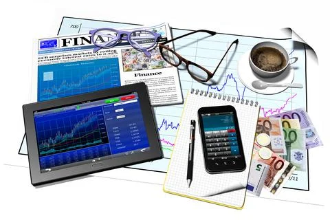 Tablet Computer Smartphone Finance - 3D illustration. Stockillustratie