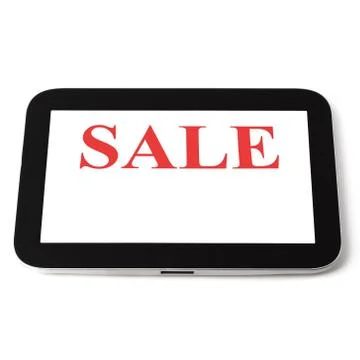 Tablet computer on white background, black frame, white screen lettering sale Stock Photos