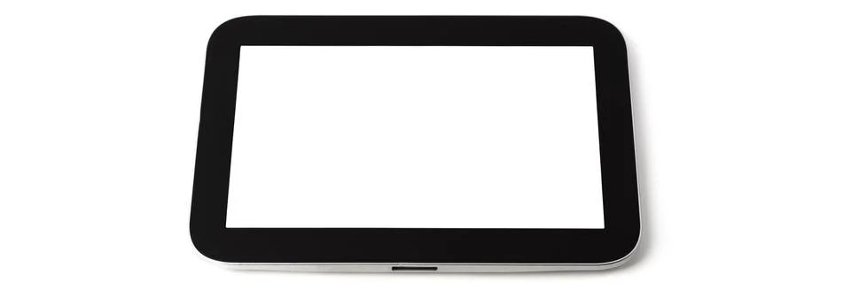 Tablet computer on white background, black frame, white screen, isolated. Stock Photos