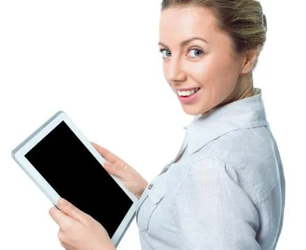 Tablet computer. Woman using digital tablet computer PC happy isolated on whi Stock Photos