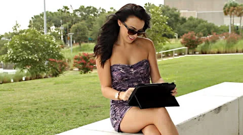 Tablet computer work outdoors with young business woman Stock Footage 25938437