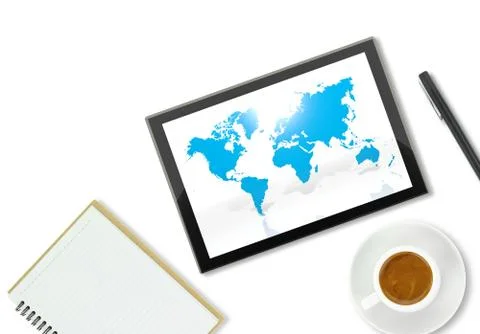 Tablet computer with world map, notebook and a cup of coffee Ilustración de archivo
