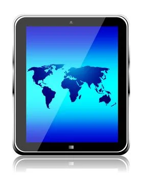 Tablet computer with world map on a white Stock Illustration