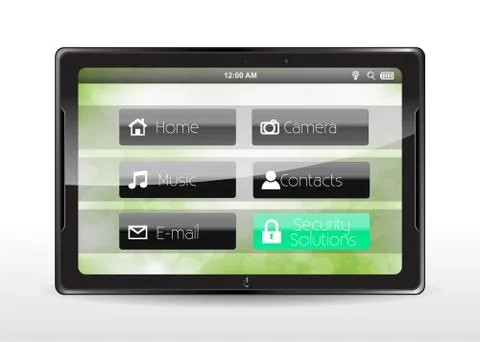 Tablet concept with a "security solutions" button Stock Illustration