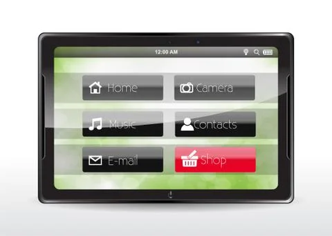 Tablet concept with a "shop" button Illustrazione stock