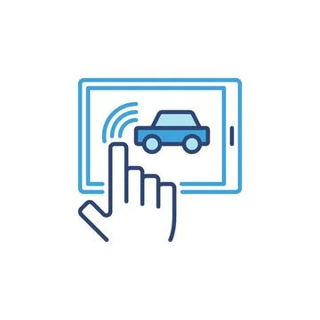 Tablet connected with Vehicle App vector concept blue icon Stock Illustration
