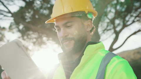 Tablet, construction worker and man outdoor for digital blueprint, real time Stock Footage 344254880