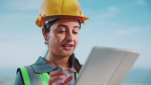 Tablet, construction worker or woman outdoor with architecture app, design Stock Footage 344253701