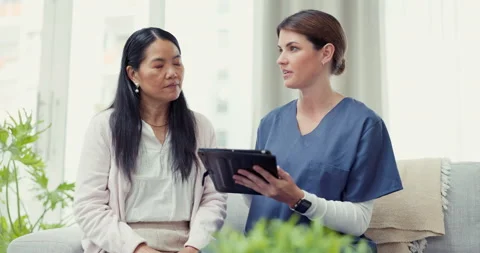 Tablet, consultation or nurse explaining to woman medical report results or news Stock-Footage 237305183