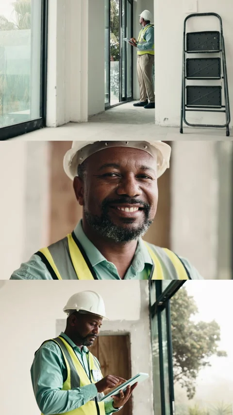 Tablet, contractor and face of black man in home for inspection, safety Stock Footage 338049738