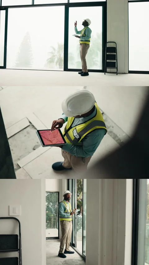 Tablet, contractor and inspection with black man in home for engineer, safety Stock Footage 338049829