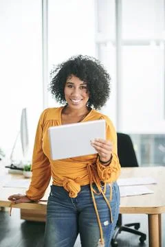 Tablet, creative and portrait of happy woman in office for website, social media Stock Photos