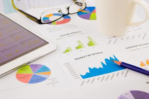 Tablet, data analysis and strategic planning project Stock Photos