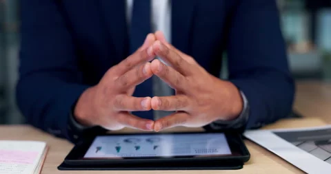 Tablet, data and hands of business person scroll for graph analysis, financial Stock Footage 249812416