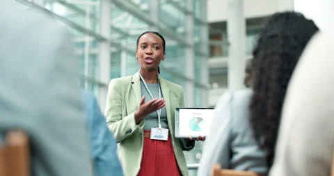 Tablet, data and presentation with black woman in meeting for conference Stock Footage 246946203