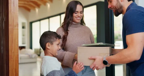 Tablet, delivery and man with child at door with package for shipping, toy order Stock Footage 335798307