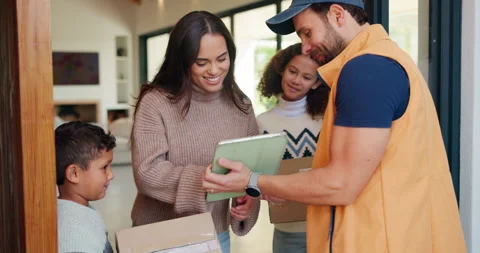 Tablet, delivery and man with mom in home with package for shipping, order and Stock Footage 335773293