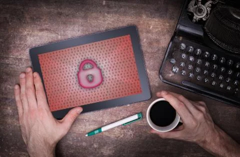 Tablet on a desk, concept of data protection Illustration