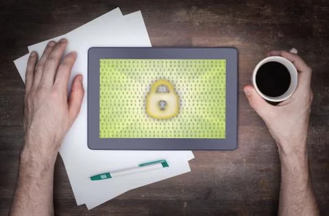 Tablet on a desk, concept of data protection Illustration