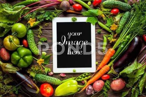 Tablet Desk Mockup with vegetables PSD Template PSD